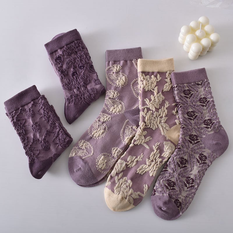 Black Friday Sale 47%OFF-5 Pairs Women's Purple Vintage Floral Cotton Socks