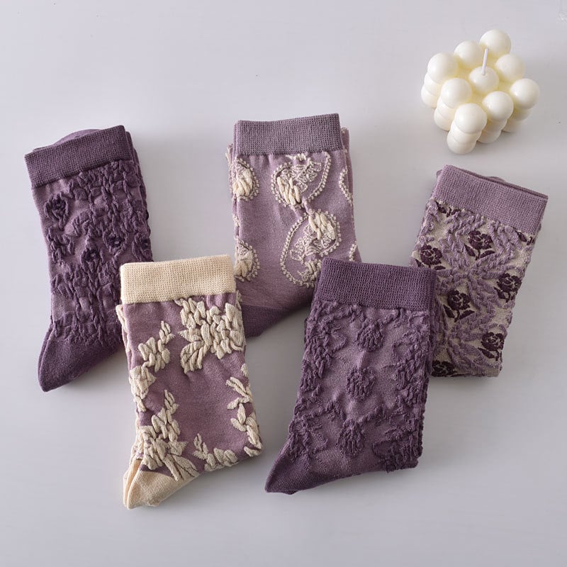Black Friday Sale 47%OFF-5 Pairs Women's Purple Vintage Floral Cotton Socks