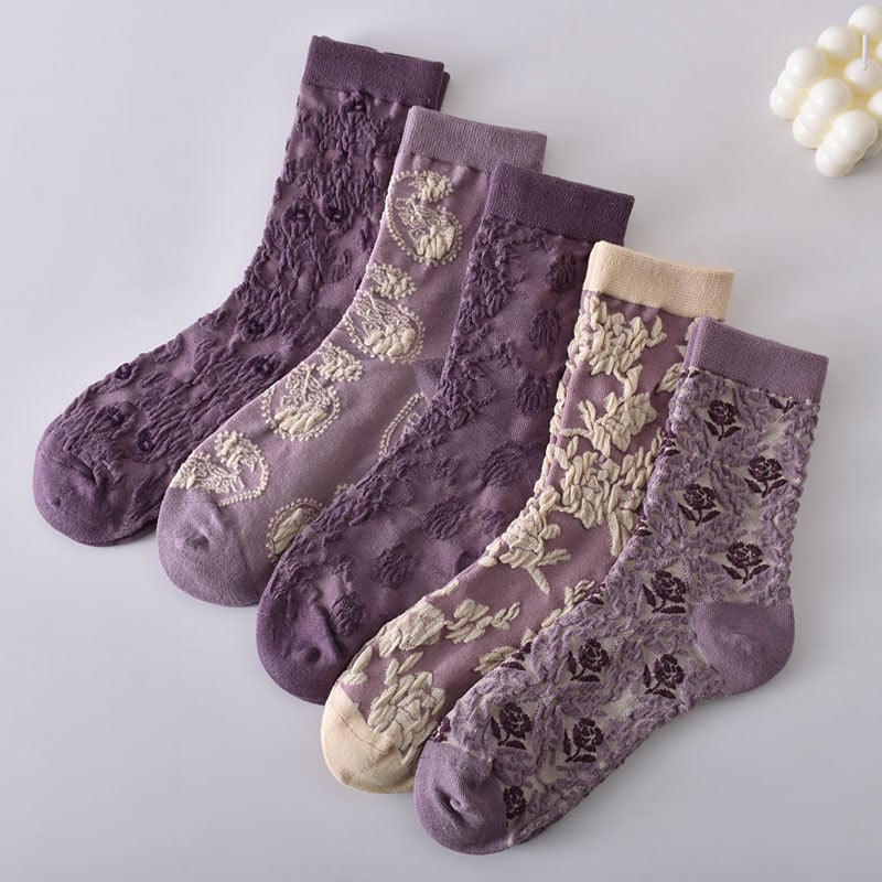 Black Friday Sale 47%OFF-5 Pairs Women's Purple Vintage Floral Cotton Socks