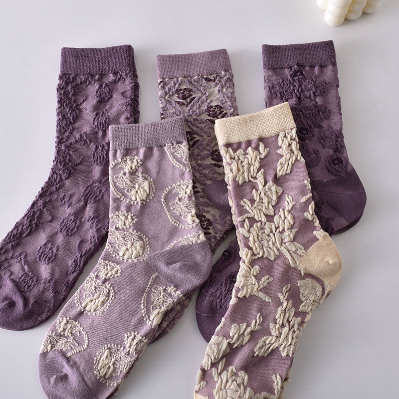 Black Friday Sale 47%OFF-5 Pairs Women's Purple Vintage Floral Cotton Socks
